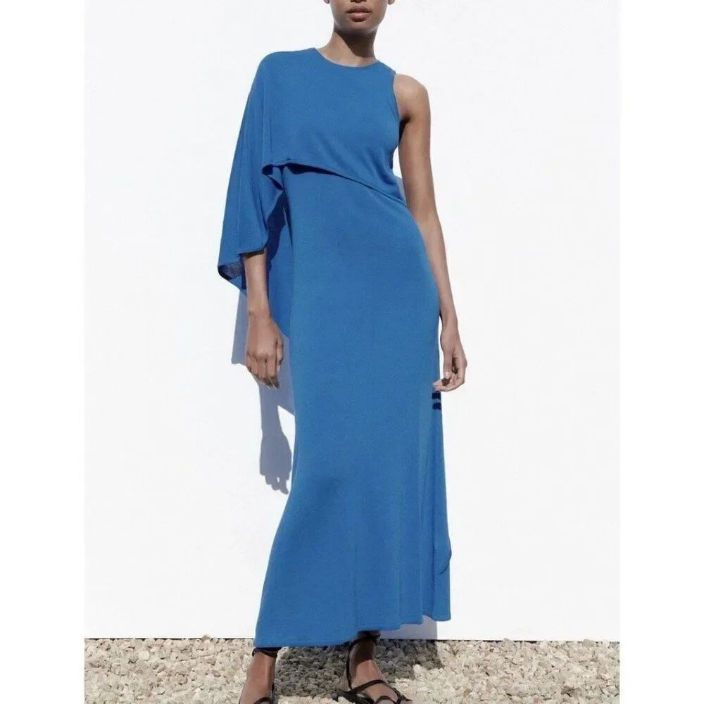 Zara Womens Maxi Dress S Small Blue Knit Cape Asymmetric Pleated 3390/113 NWT